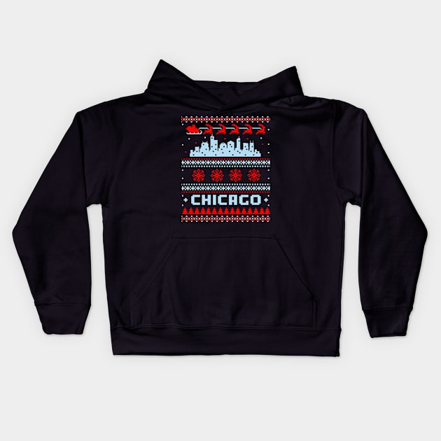 CHICAGO Flag City Skyline Ugly Christmas Sweater Party Chicago Fan Favorite Kids Hoodie by TeeCreations